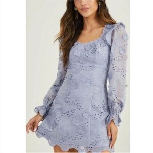 Altar'd State Dusty Blue Long Sleeve lace cocktail mini dress